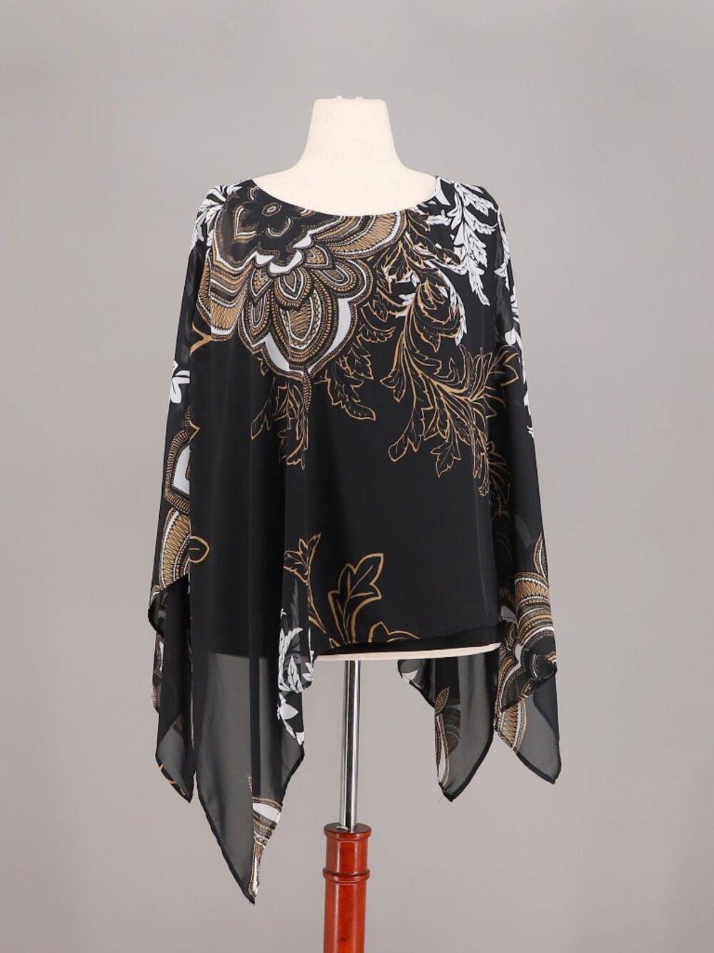 CHICO'S Black Floral Sheer Chiffon Overlay Poncho Top Size 2/L